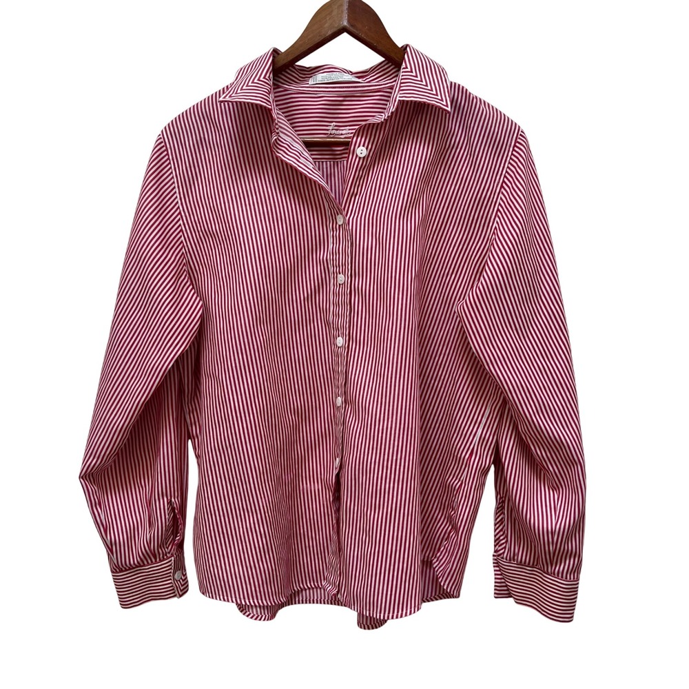 Foxcroft Red White Striped Button Down Shirt Wrinkle Free Blouse Womens 12P